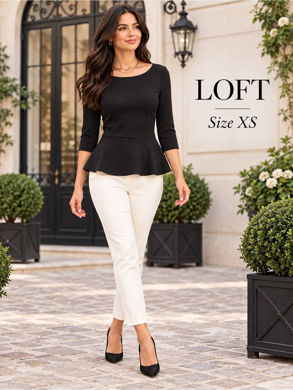 LOFT Black 3/4 Sleeve Peplum Top Back Zipper Size XS